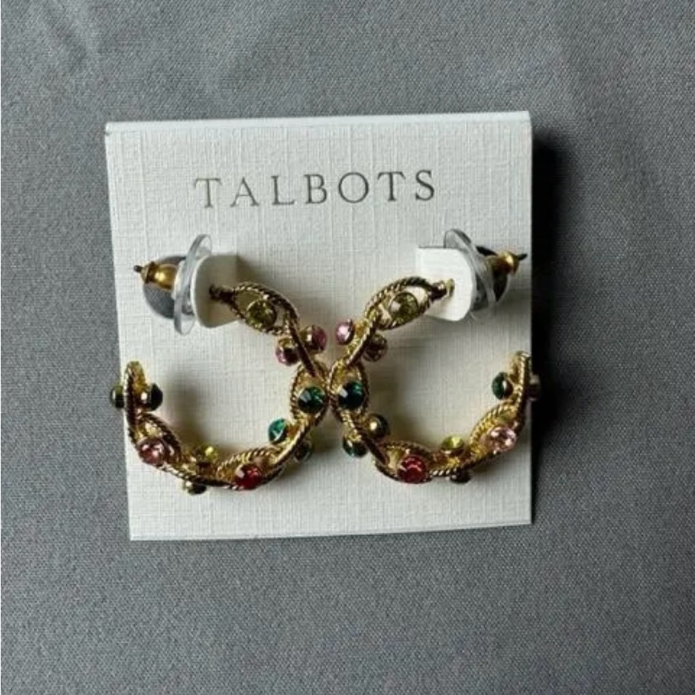 Talbots Gold Hoop Earrings Multicolored Rhinestones NEW